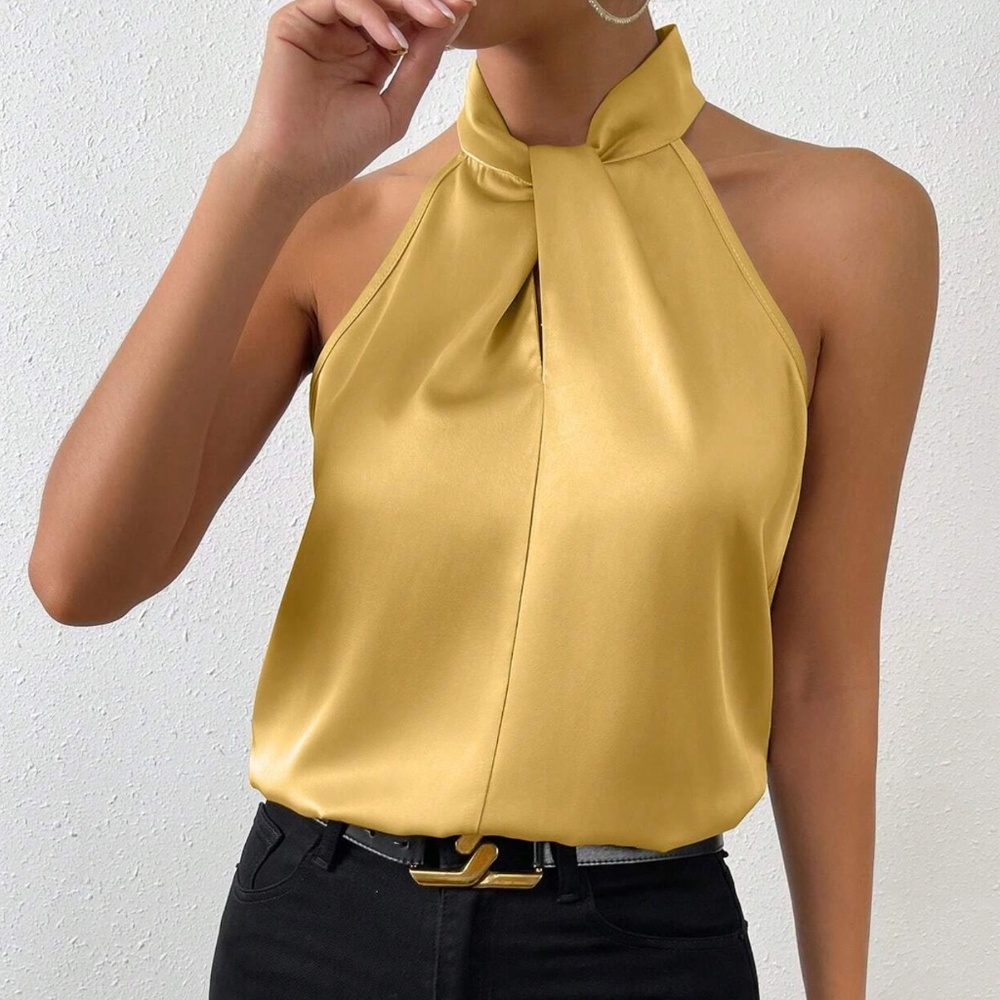Luxe Champagne Satin Halter Minimalist Tank Top - Picture 13 of 15